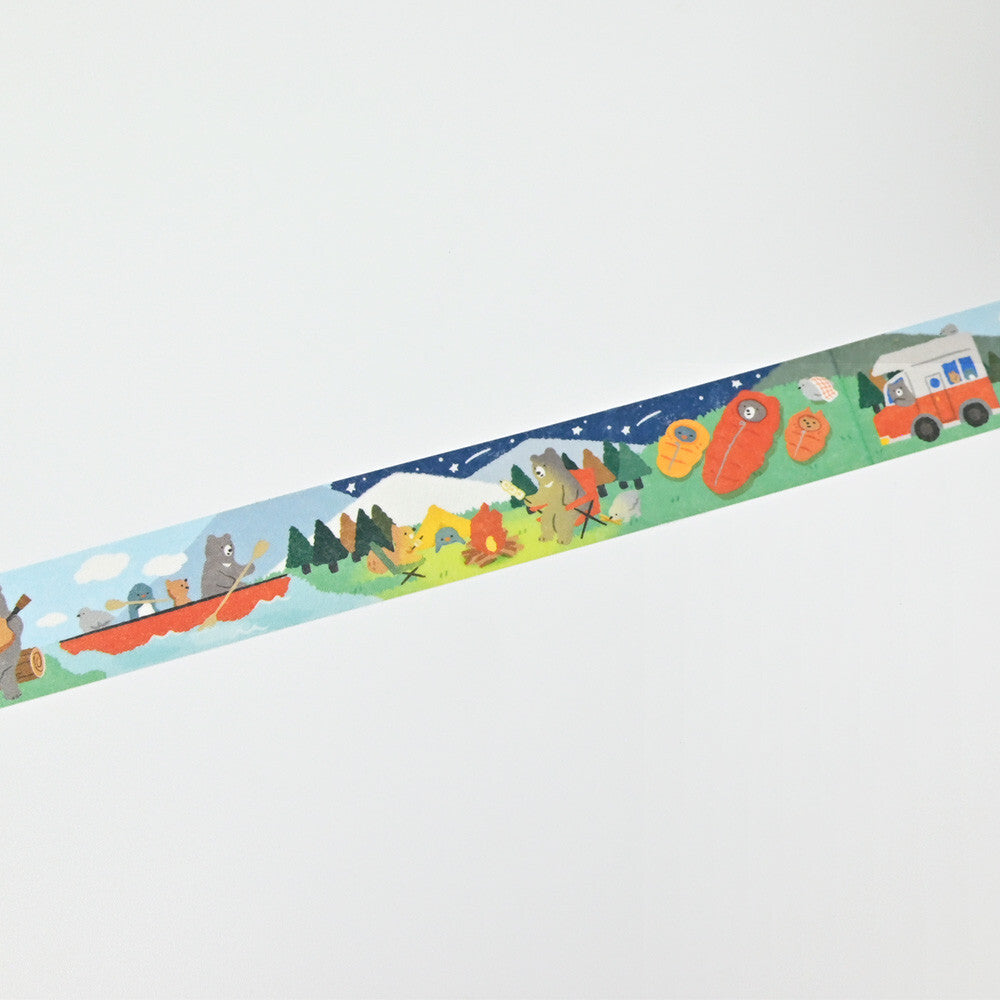 Decorative border strip with camping scene on a white background