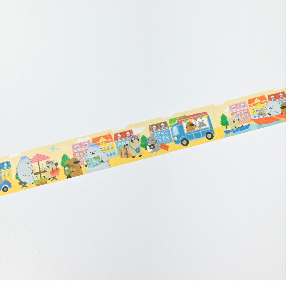 Decorative border strip with cartoon characters and vehicles on a white background