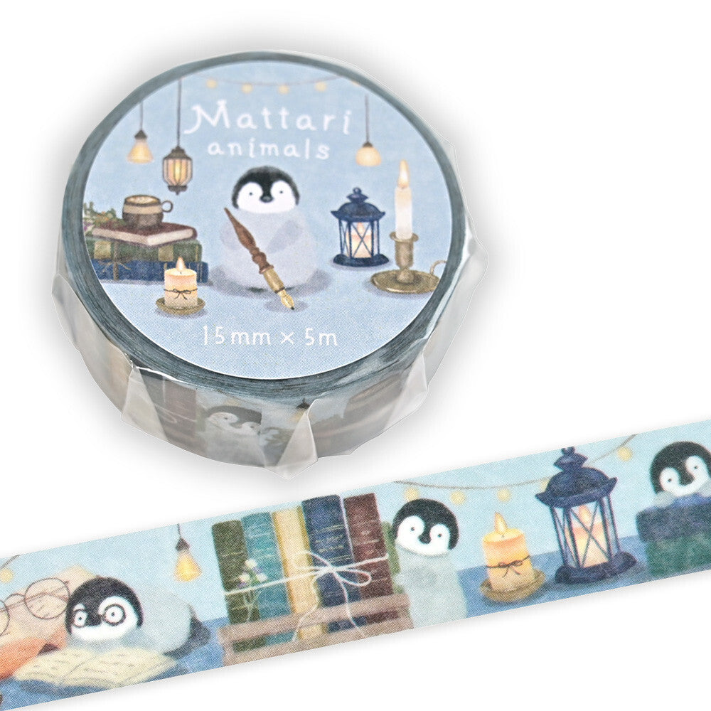 Washi tape with penguin design and text 'Mattari animals' on a white background