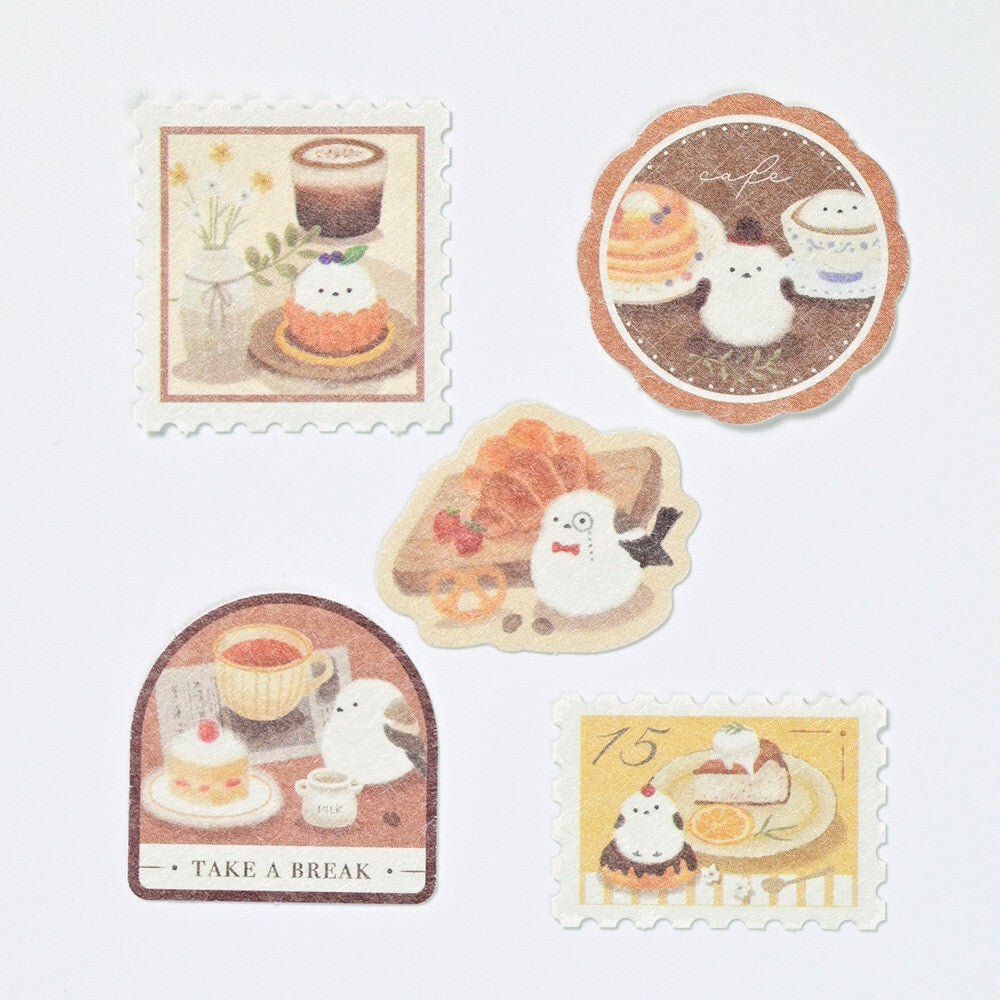 Set of decorative stickers with cute illustrations of food and a cat, on a light gray background.
