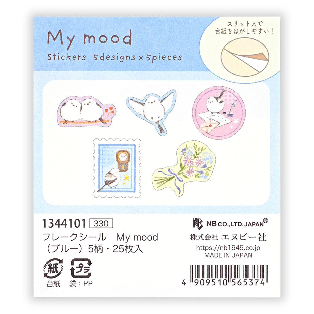 Packaging of 'My mood' stickers with five designs on a blue background