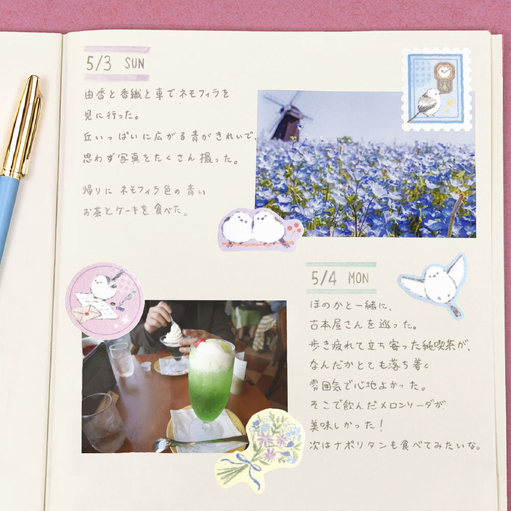 Notebook page with photos and text, featuring a green drink and blue flowers.