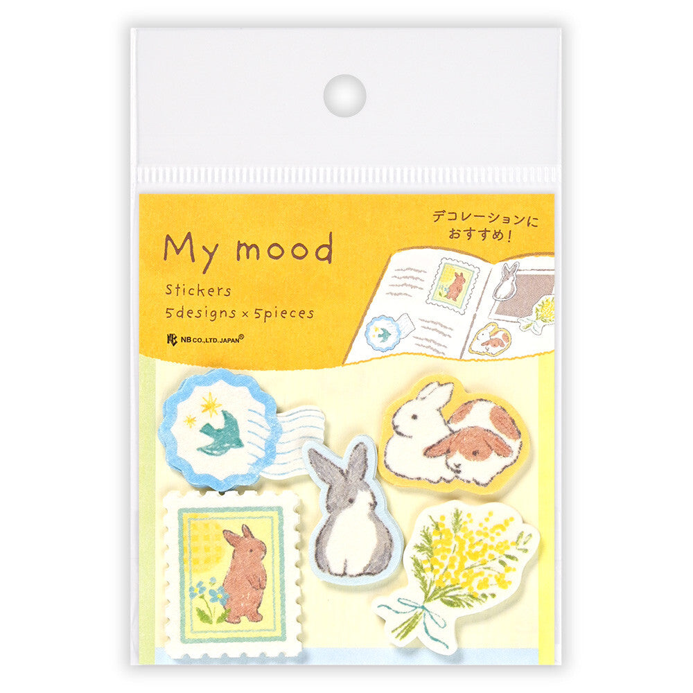 Pack of 'My mood' stickers with rabbit designs on a yellow background