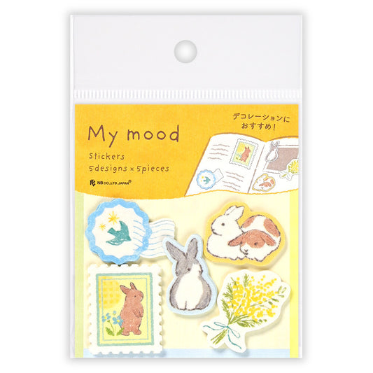 Pack of 'My mood' stickers with rabbit designs on a yellow background