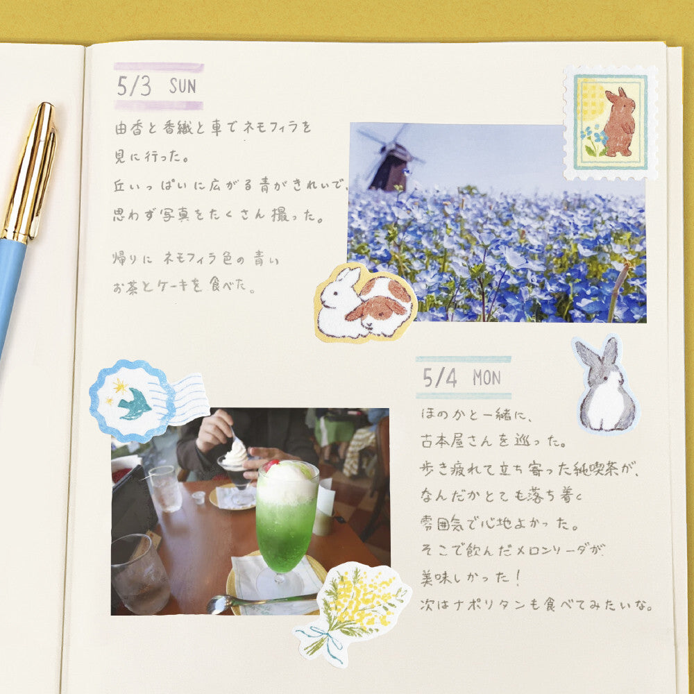 Journal entry with photos and illustrations of a person eating ice cream and a field of blue flowers.