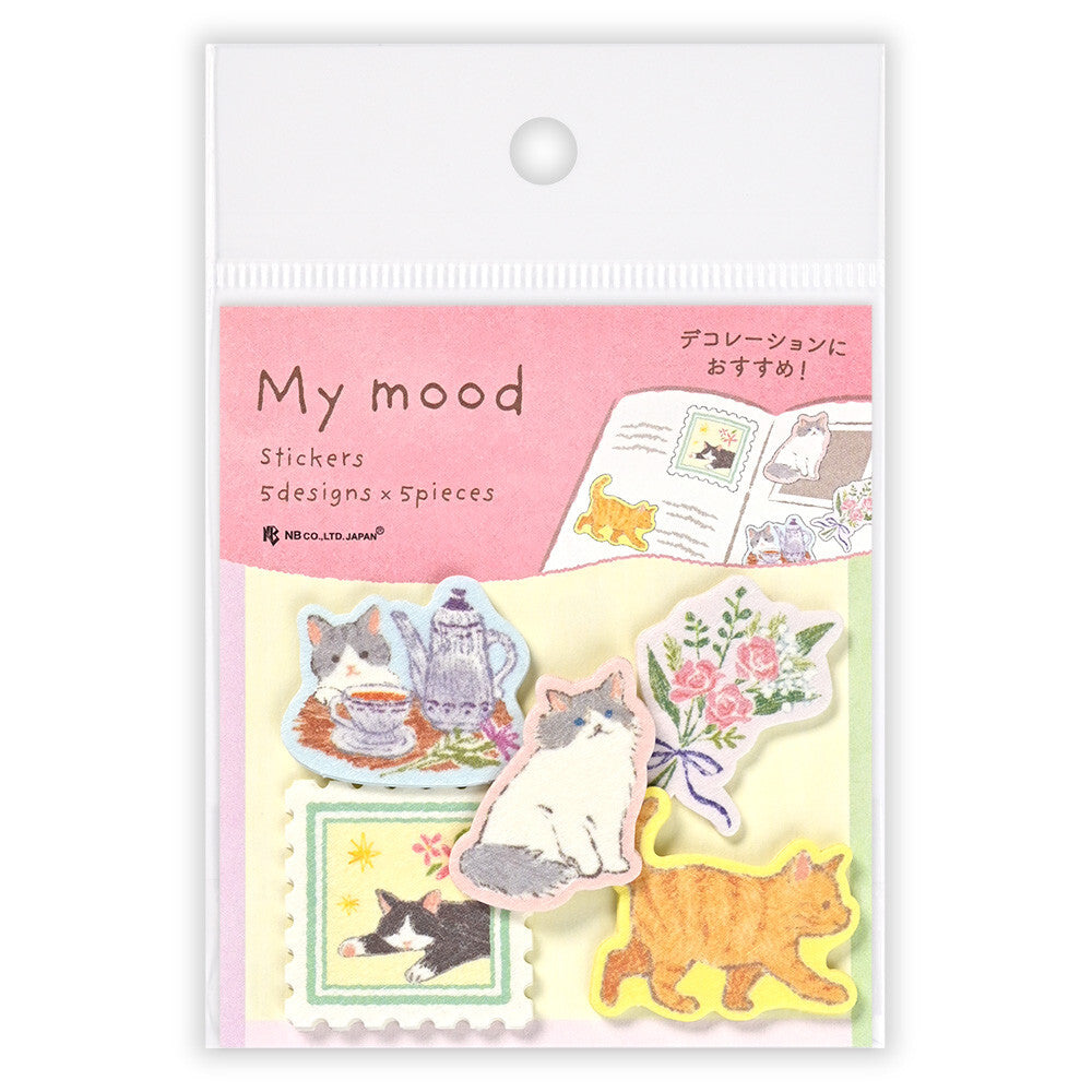 Pack of stickers with cat designs on a pink label labeled 'My mood'.