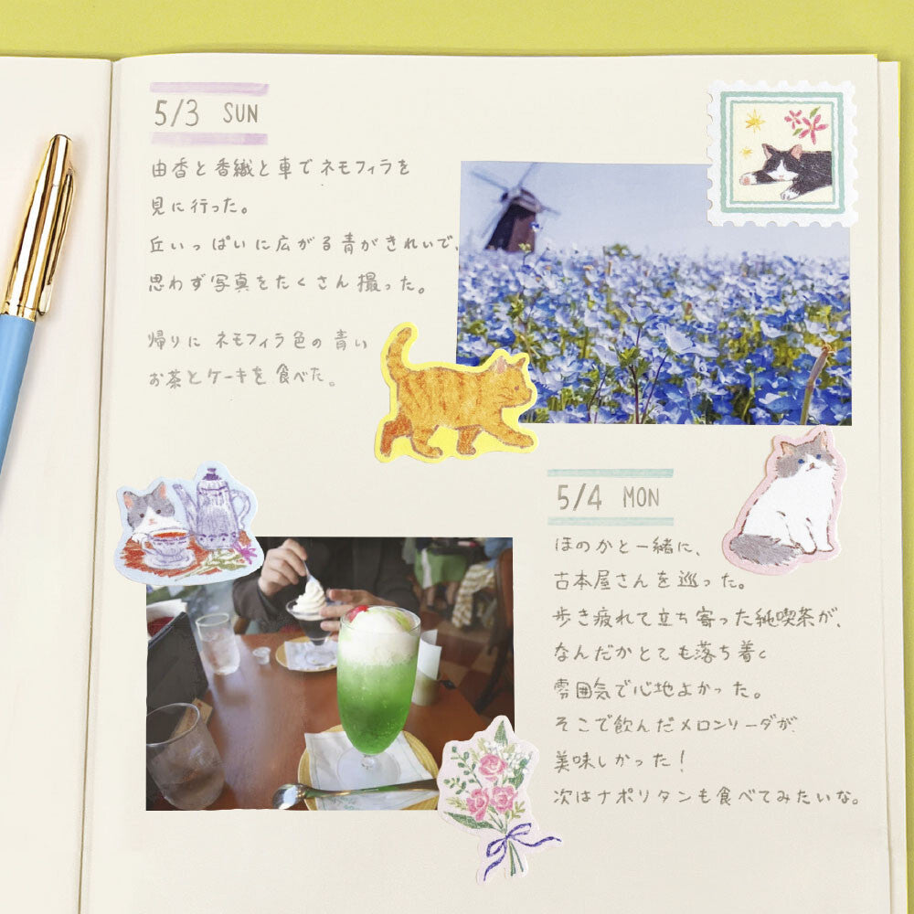 Scrapbook page with cat illustrations, photos, and text on a yellow background