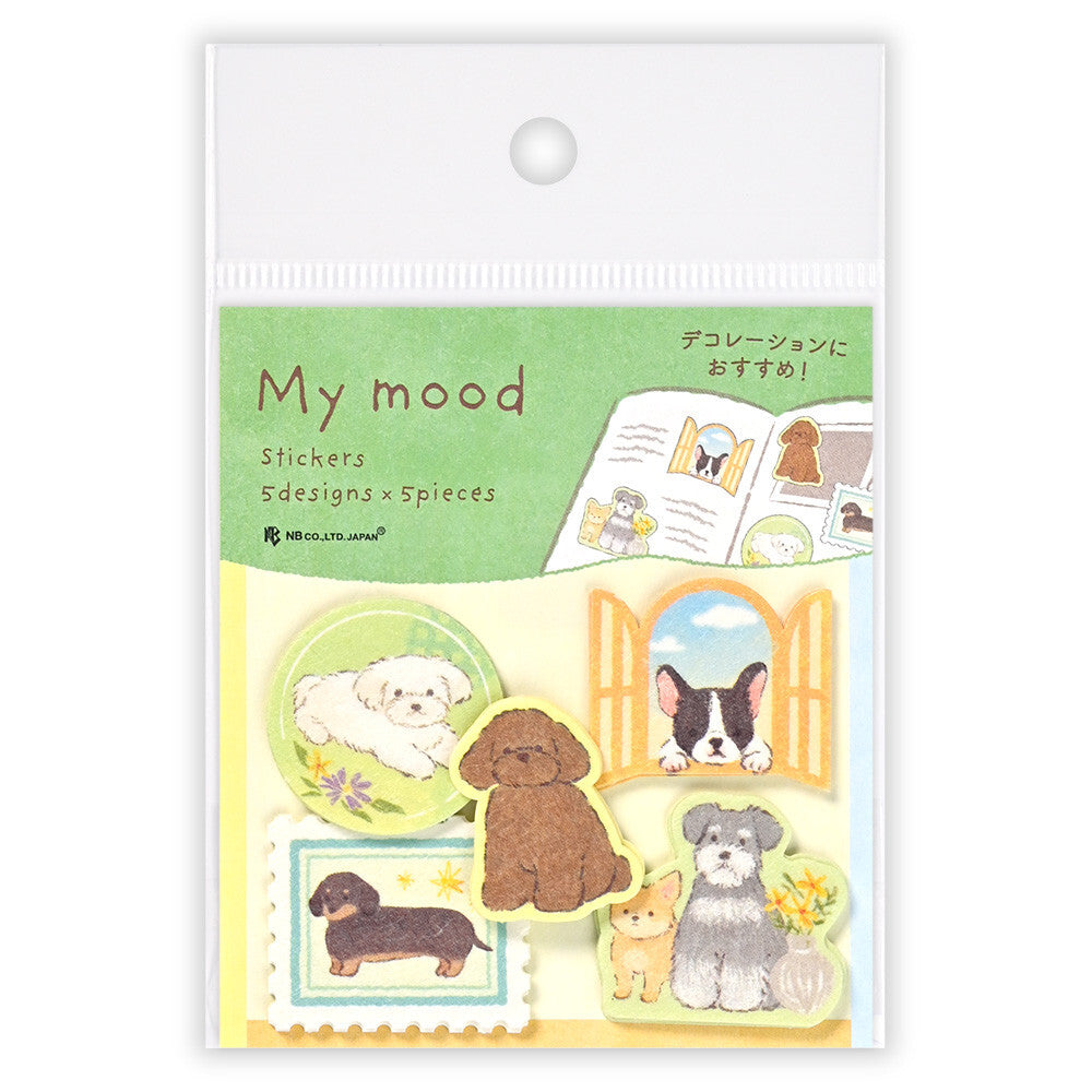 Pack of stickers with dog illustrations on a white background