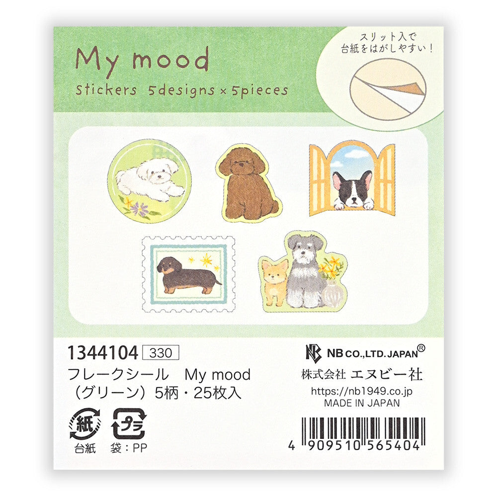 Packaging of 'My mood' stickers with five designs on a green background