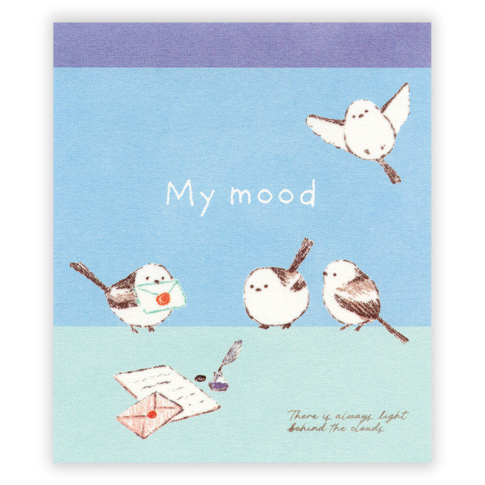 Card with cartoon birds and text on a blue and purple background