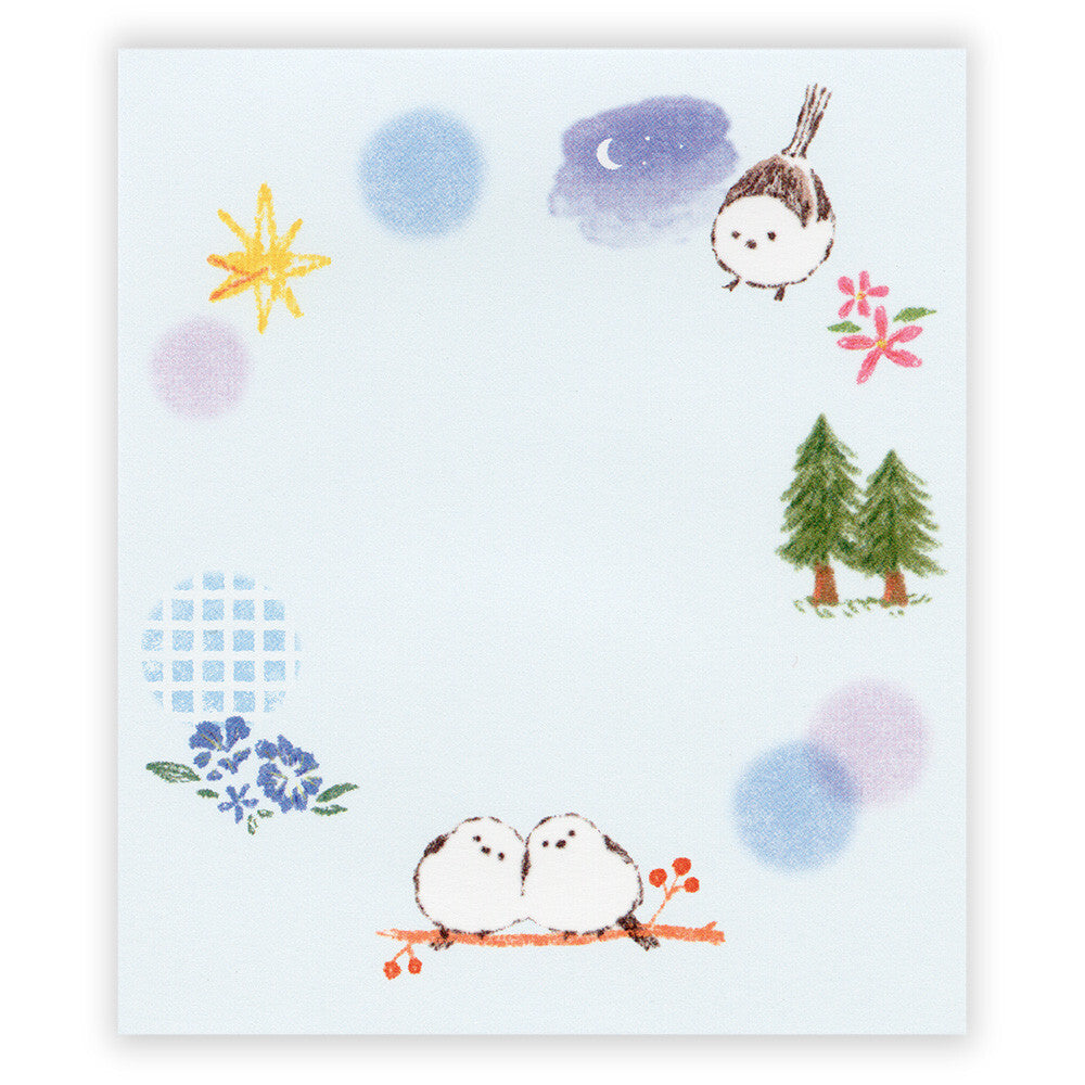 Illustrated card with birds, trees, flowers, and abstract shapes on a light blue background