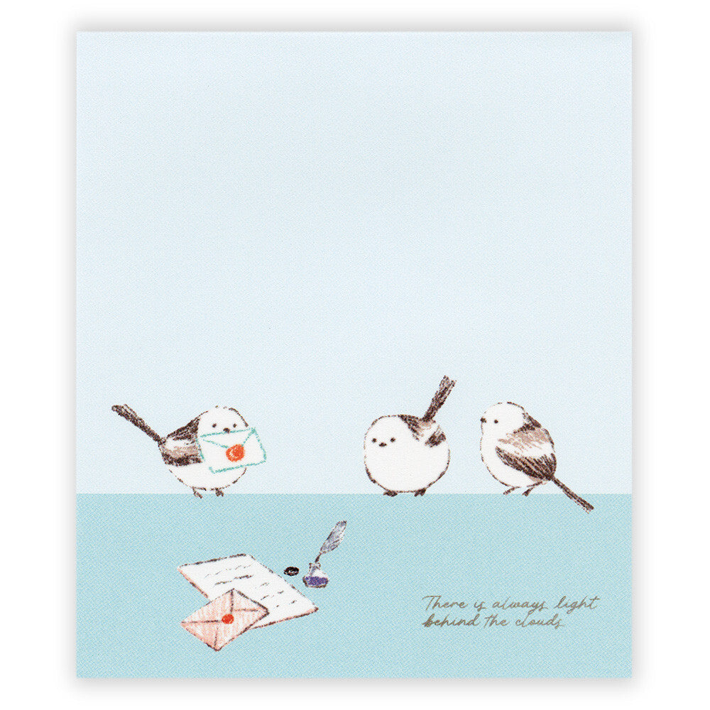 Card with birds and envelopes on a light blue background