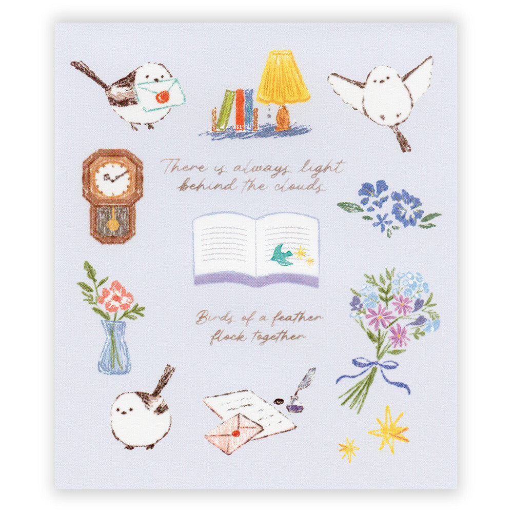 Decorative card with illustrations of birds, flowers, a clock, and books on a light blue background.