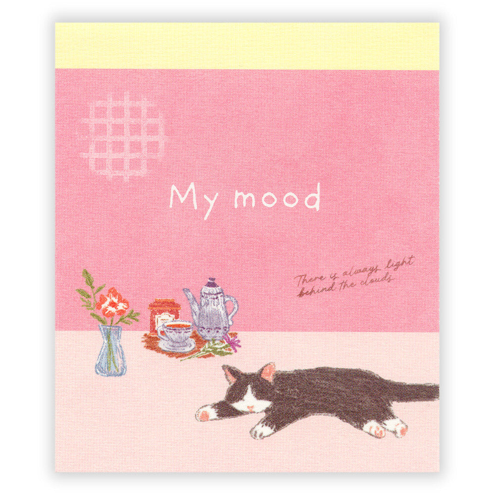Notebook cover with a cat, teapot, and flowers on a pink background