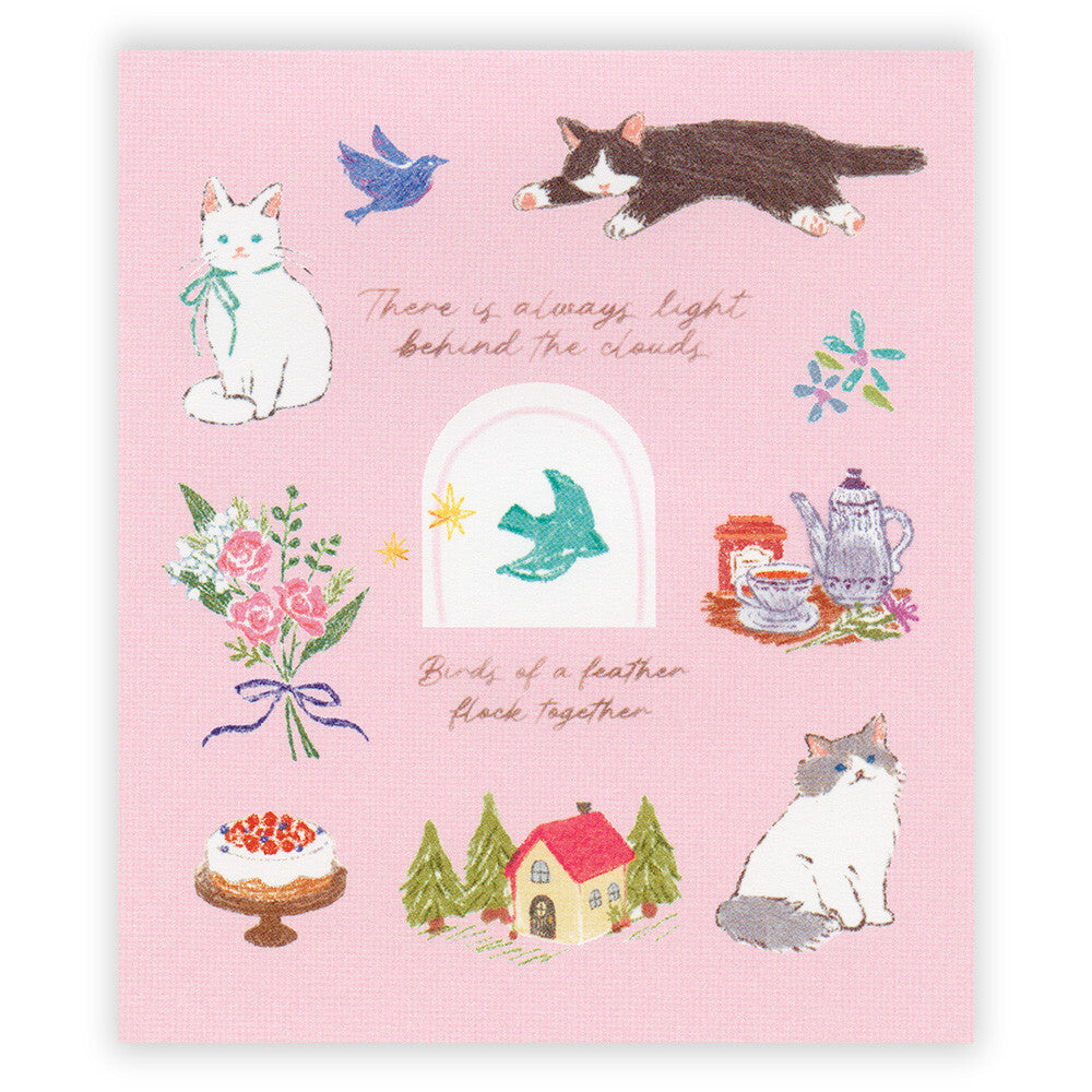 Pink card with illustrations of cats, birds, flowers, and other elements on a pink background.