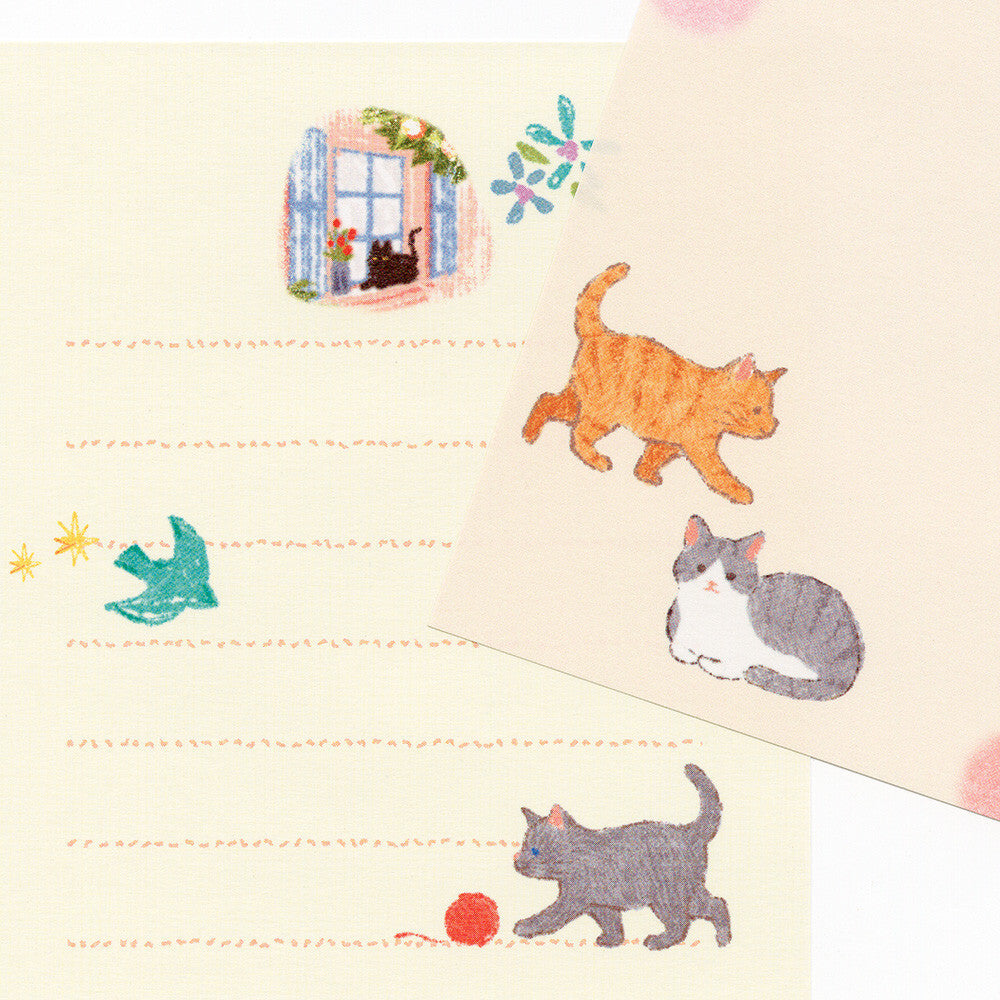 Stationery with cats and a window illustration on lined paper