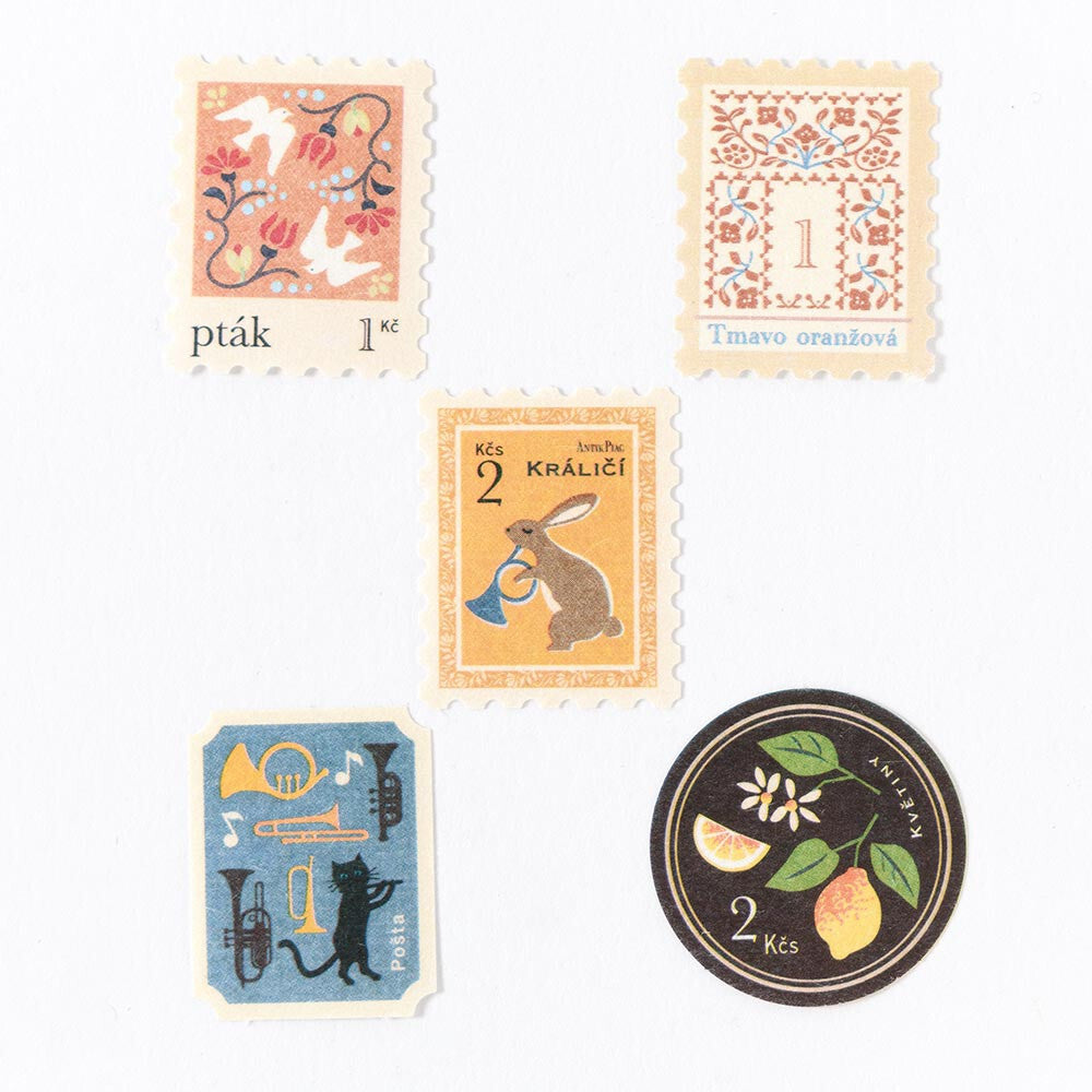 Set of decorative stamps with various designs on a white background
