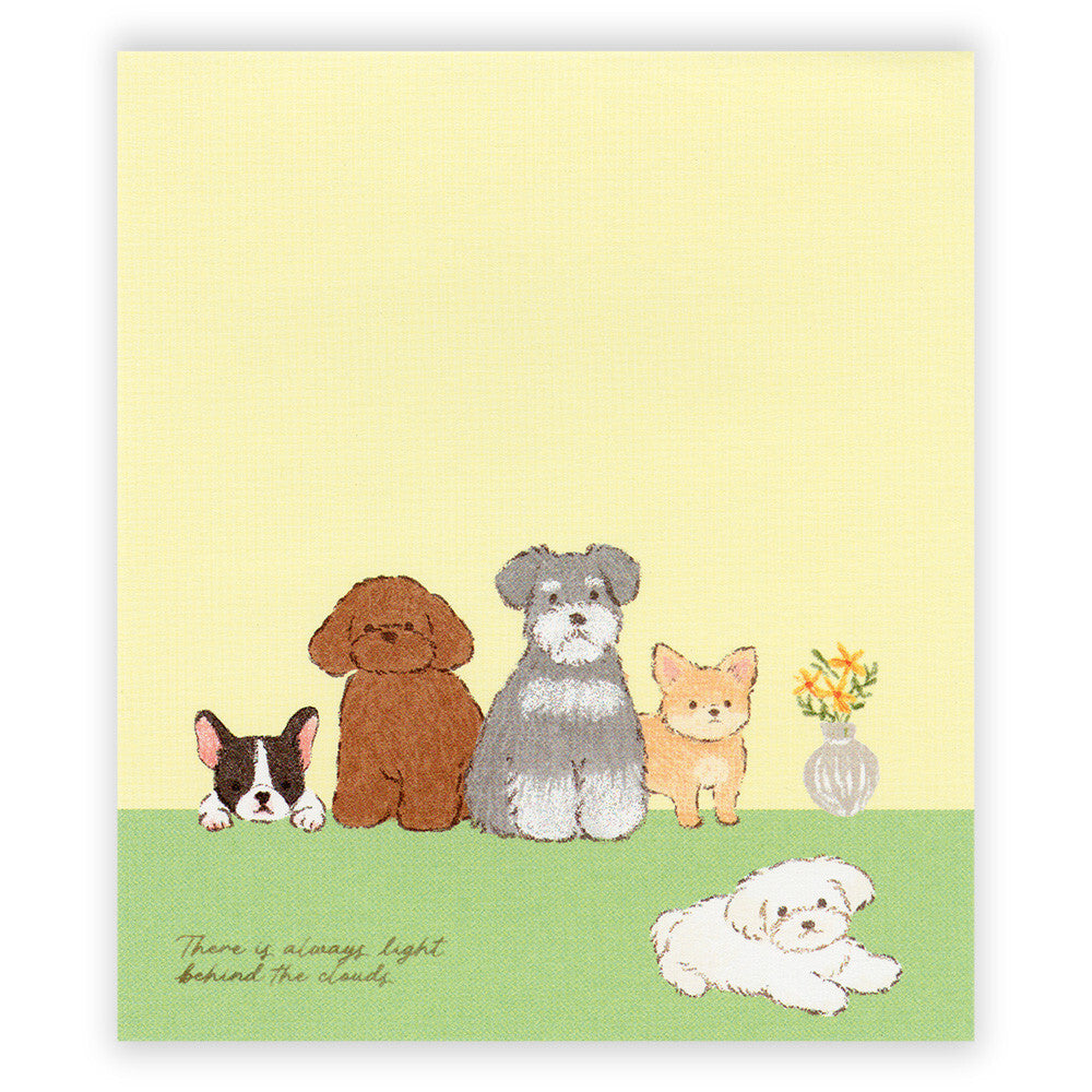 Illustration of five dogs on a yellow and green background with text.