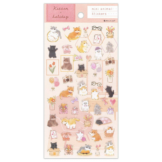 Sheet of mini animal stickers with cute illustrations on a pink background