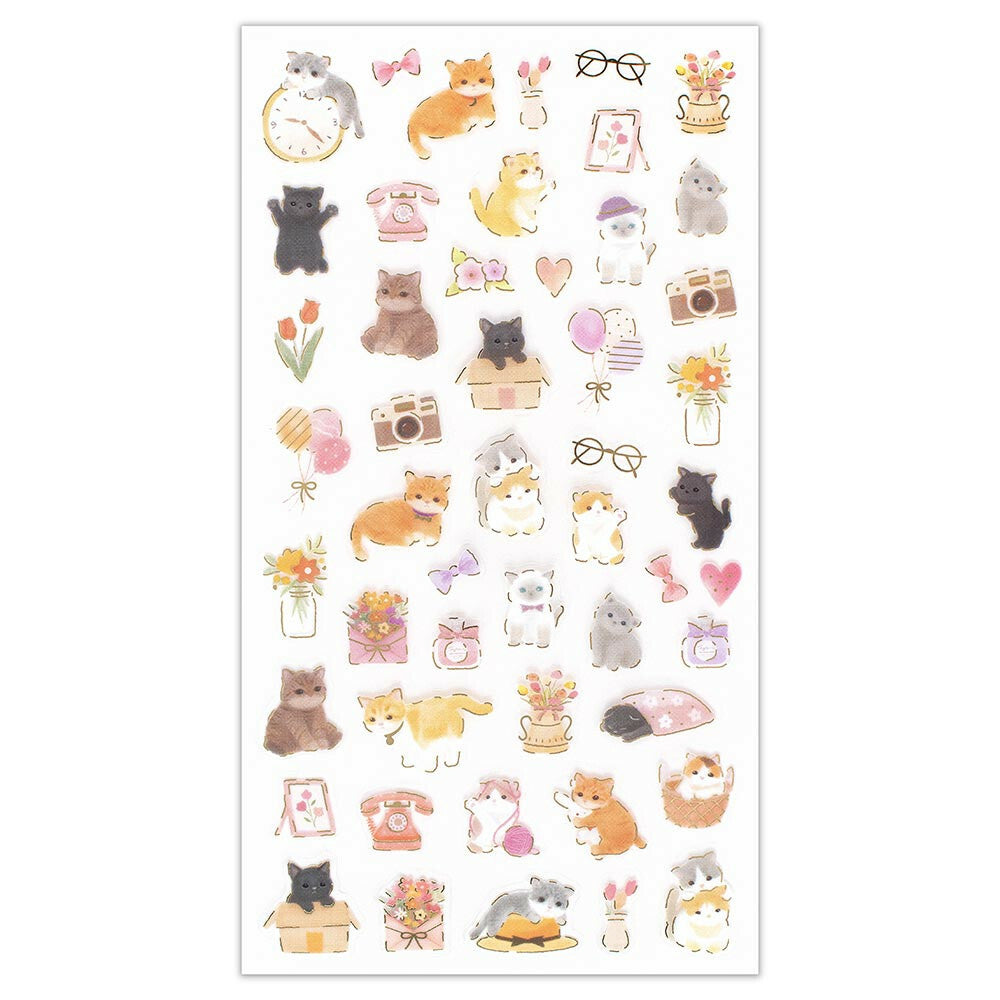 Sheet of small stickers featuring various cute illustrations on a white background