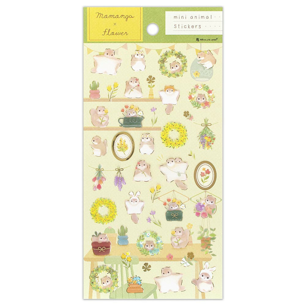 Sheet of decorative stickers with small animal illustrations and floral elements on a light green background.