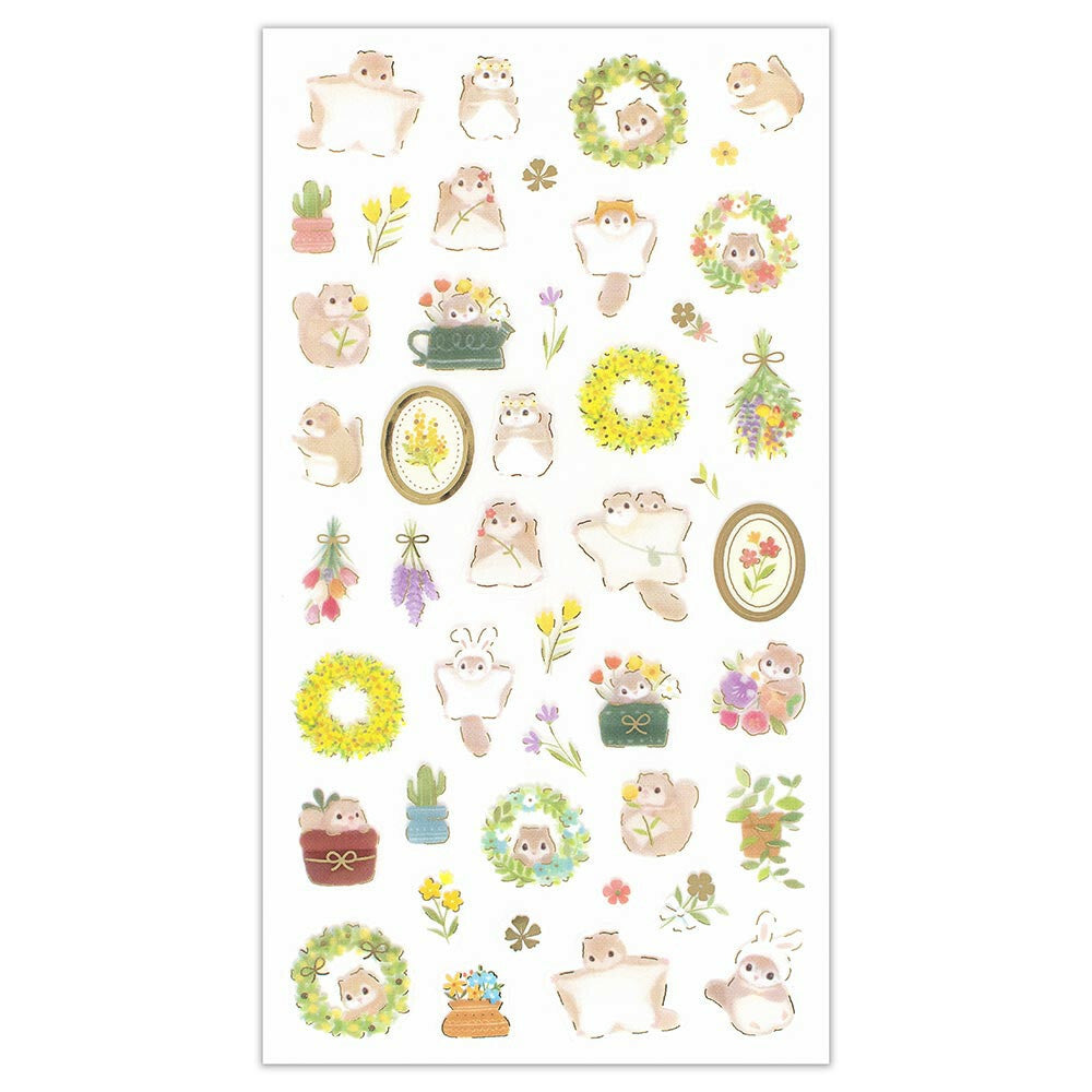 Sheet of decorative stickers with cartoon animals, plants, and frames on a white background