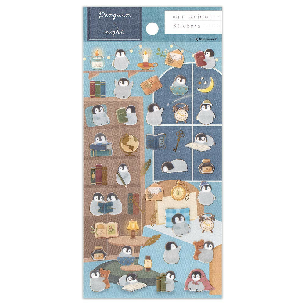 Sheet of penguin stickers with various poses and activities on a blue background