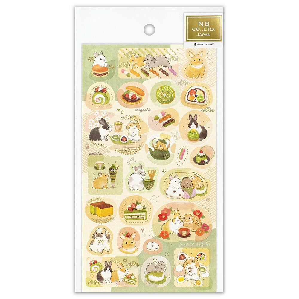 Sheet of decorative stickers with animal and food illustrations on a white background