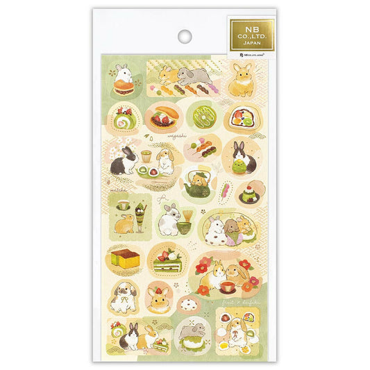 Sheet of decorative stickers with animal and food illustrations on a white background