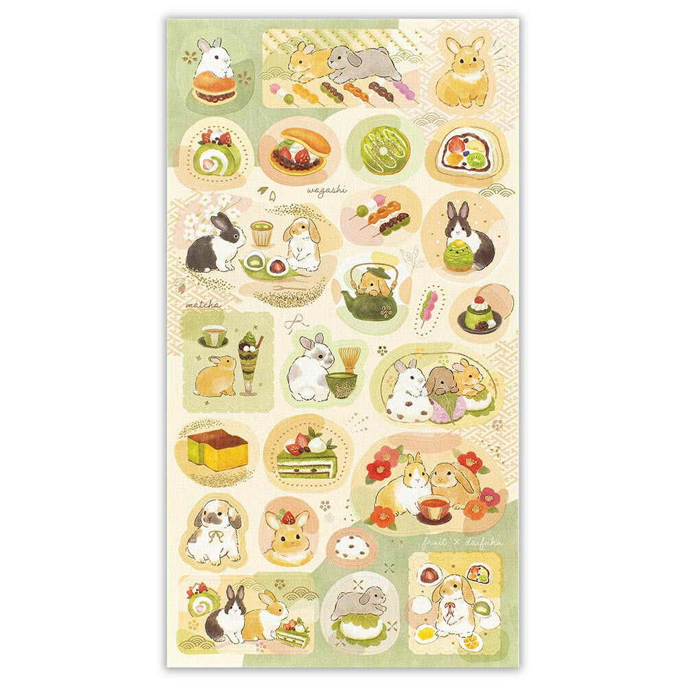 Sheet of decorative stickers with cute animal illustrations and food items on a light green background.