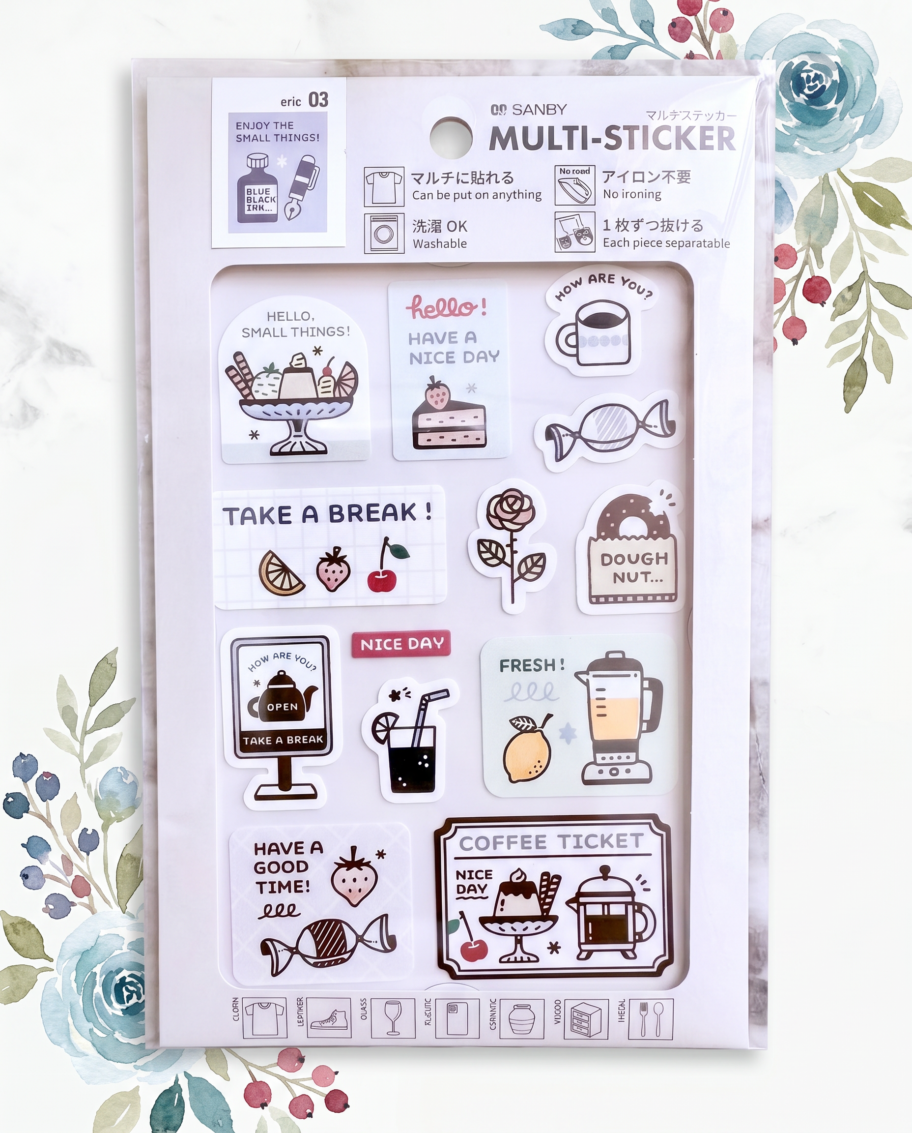 Set of stickers in a Sanby Multi-Sticker pack with various illustrations on a floral background.