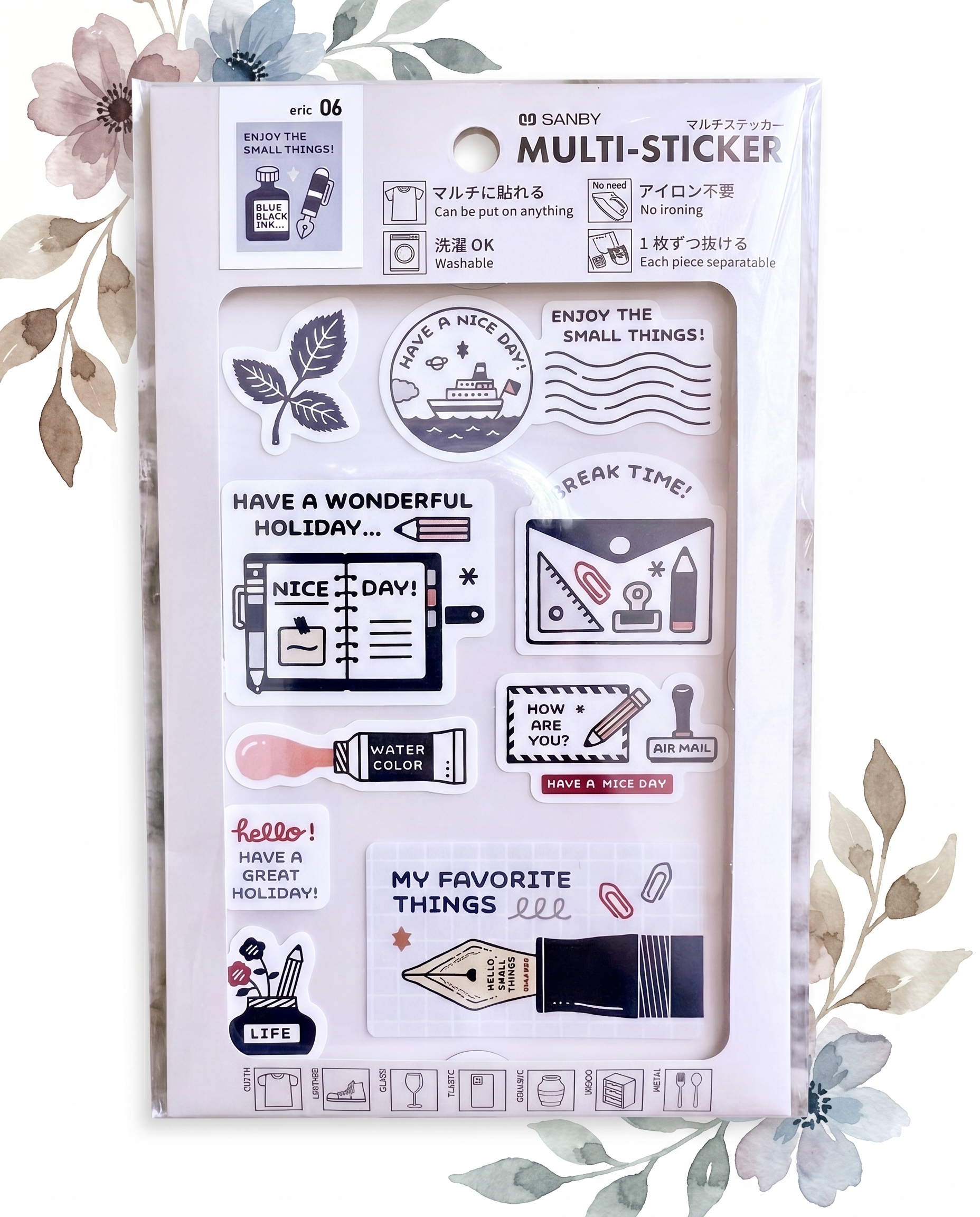 Packaging of Sanby multi-sticker set with various designs on a white background.
