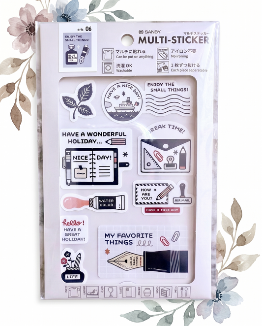 Packaging of Sanby multi-sticker set with various designs on a white background.