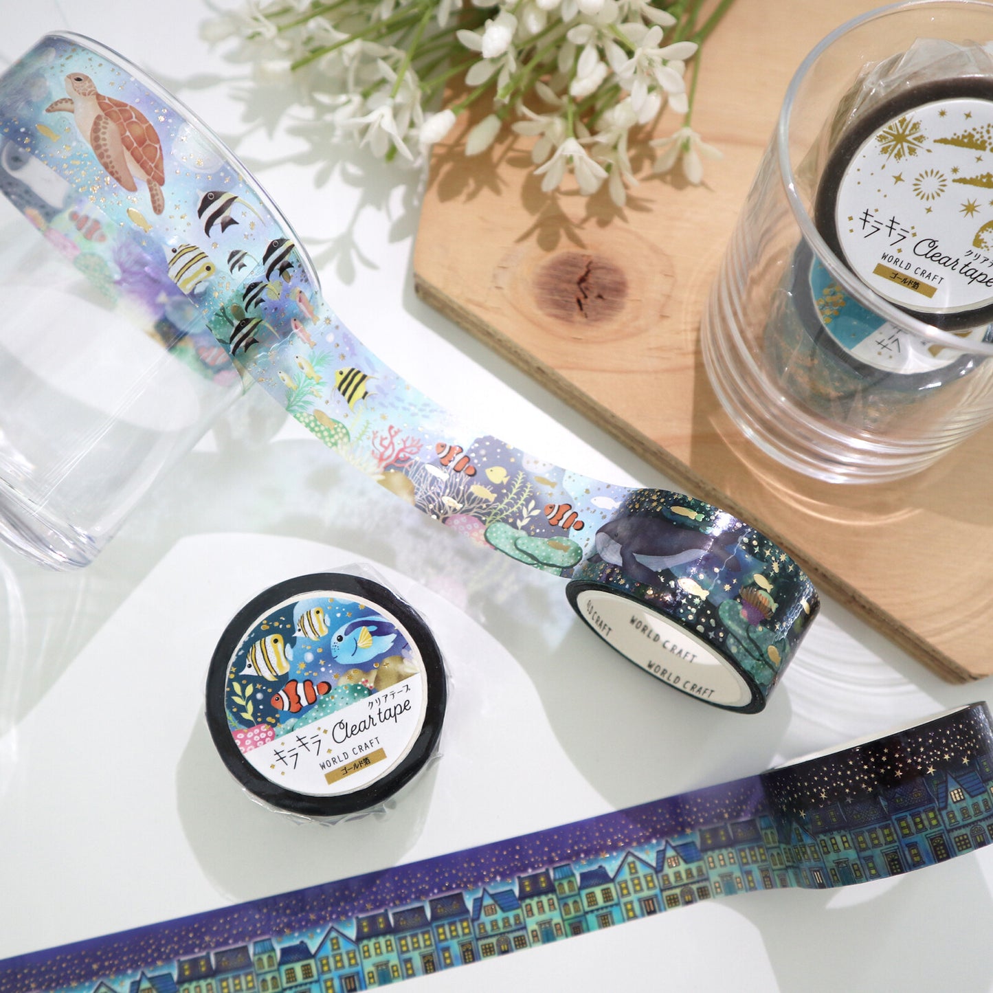 World Craft - PET tape, Night Kira-Kira, clear tape, gold foil, designs