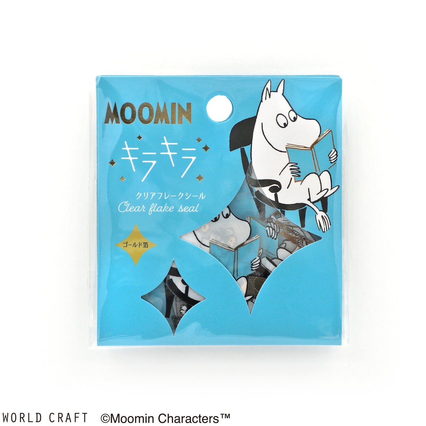 World Craft, PET clear sticker flakes, Moomin, gold foil, front