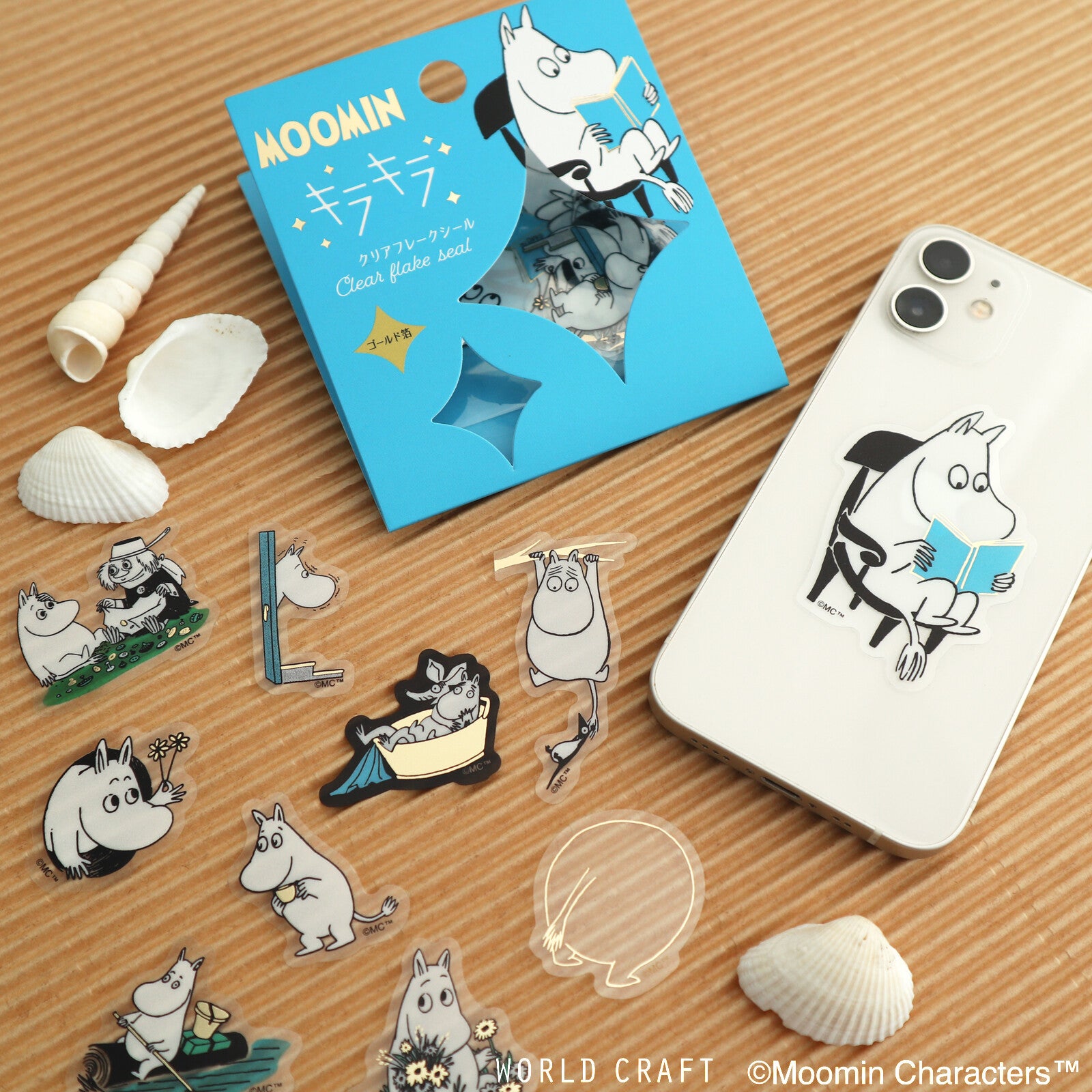 World Craft, PET clear sticker flakes, Moomin, gold foil, illustrations