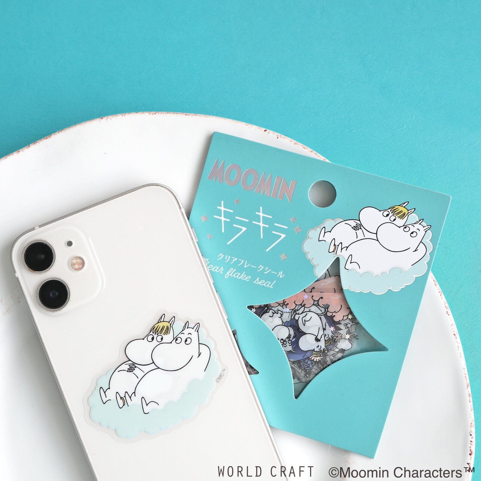 World Craft, PET clear sticker flakes, Moomintroll and Snorkmaiden, hologram foil, packet