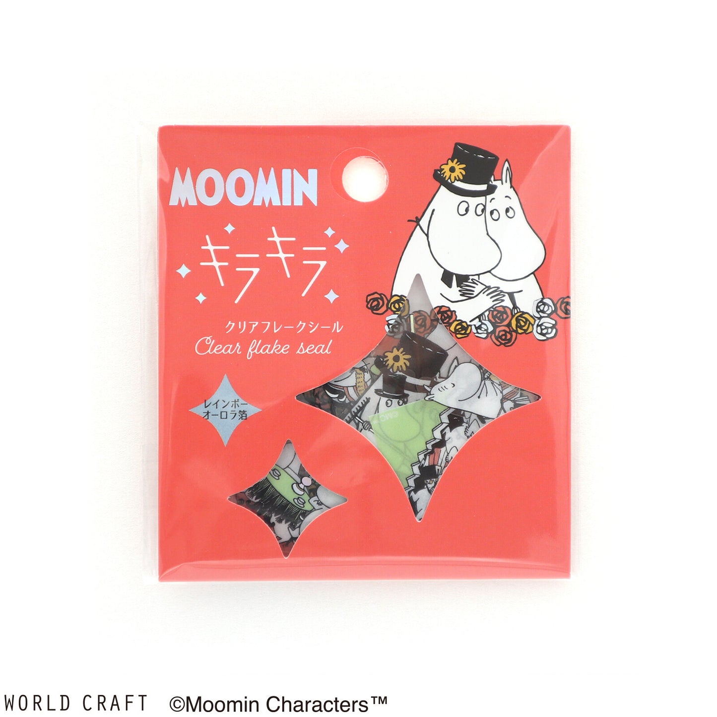 World Craft, PET clear sticker flakes, Moominpappa and Moominmamma, hologram foil, front