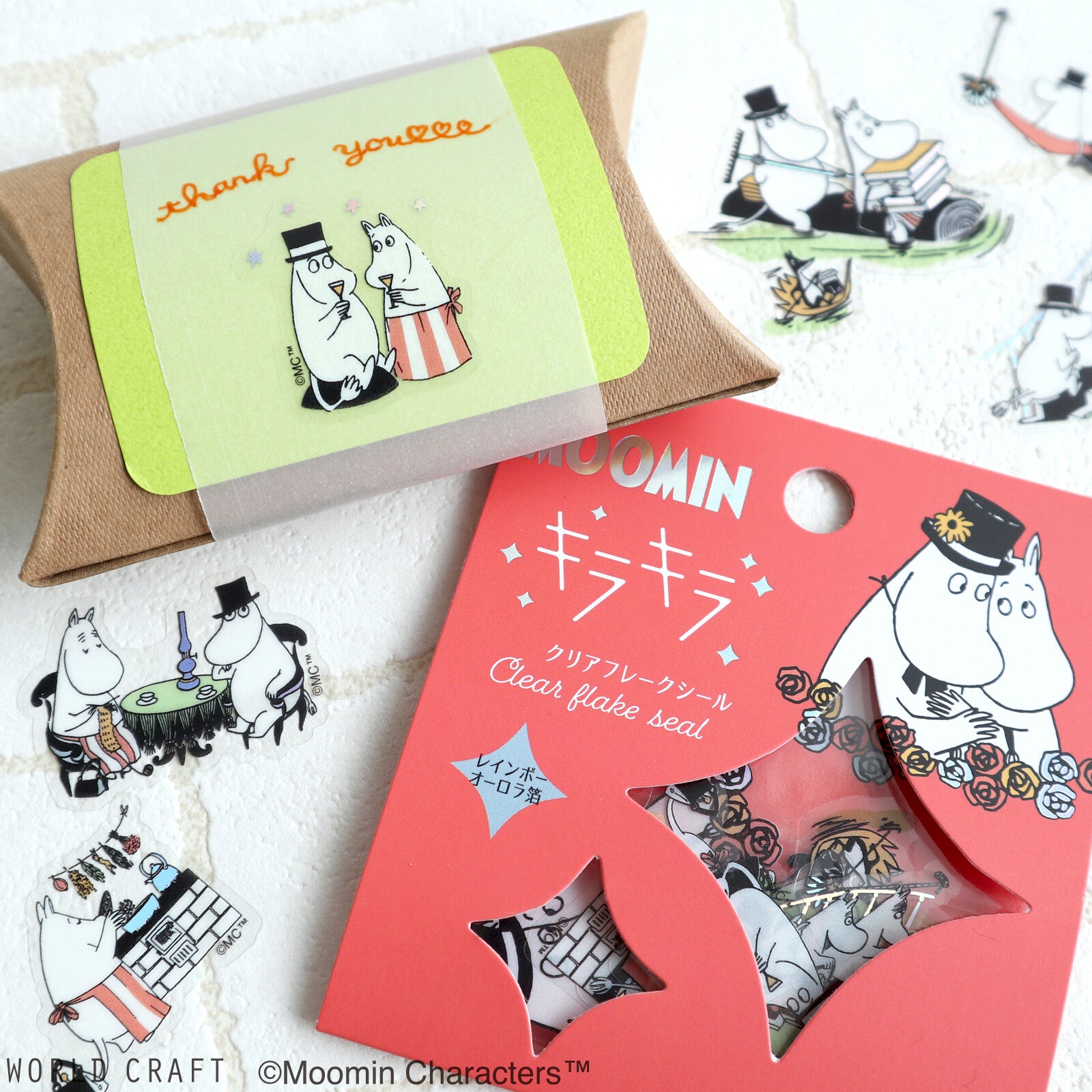 World Craft, PET clear sticker flakes, Moominpappa and Moominmamma, hologram foil, decorations