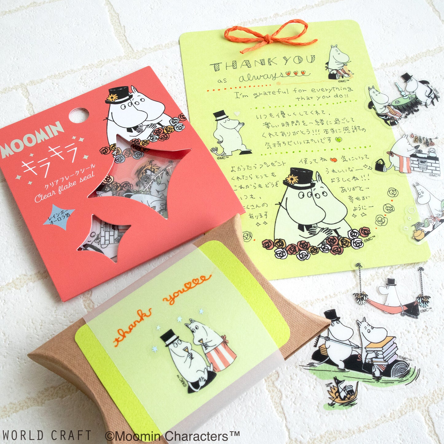 World Craft, PET clear sticker flakes, Moominpappa and Moominmamma, hologram foil, illustration