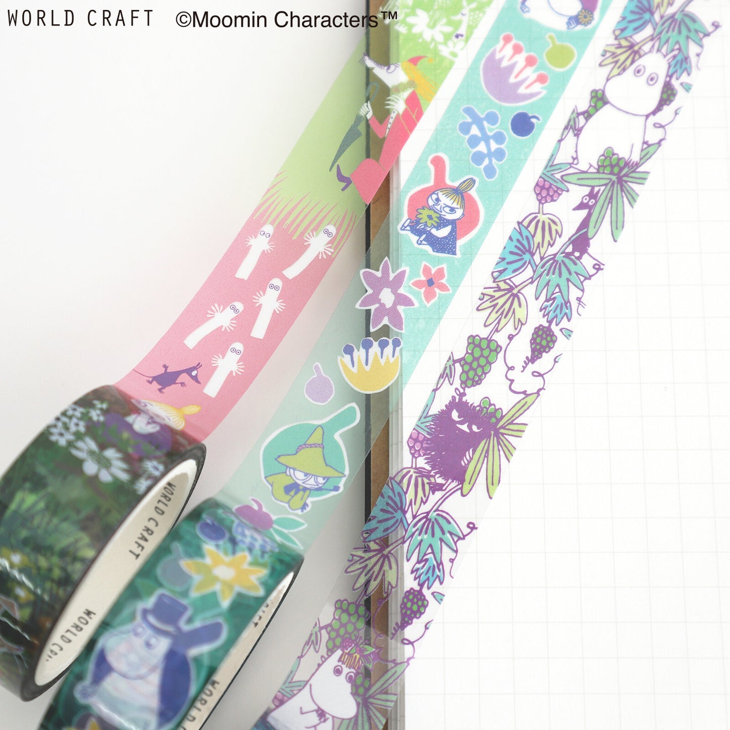 Set of colorful tape rolls with Moomin character designs on a white background