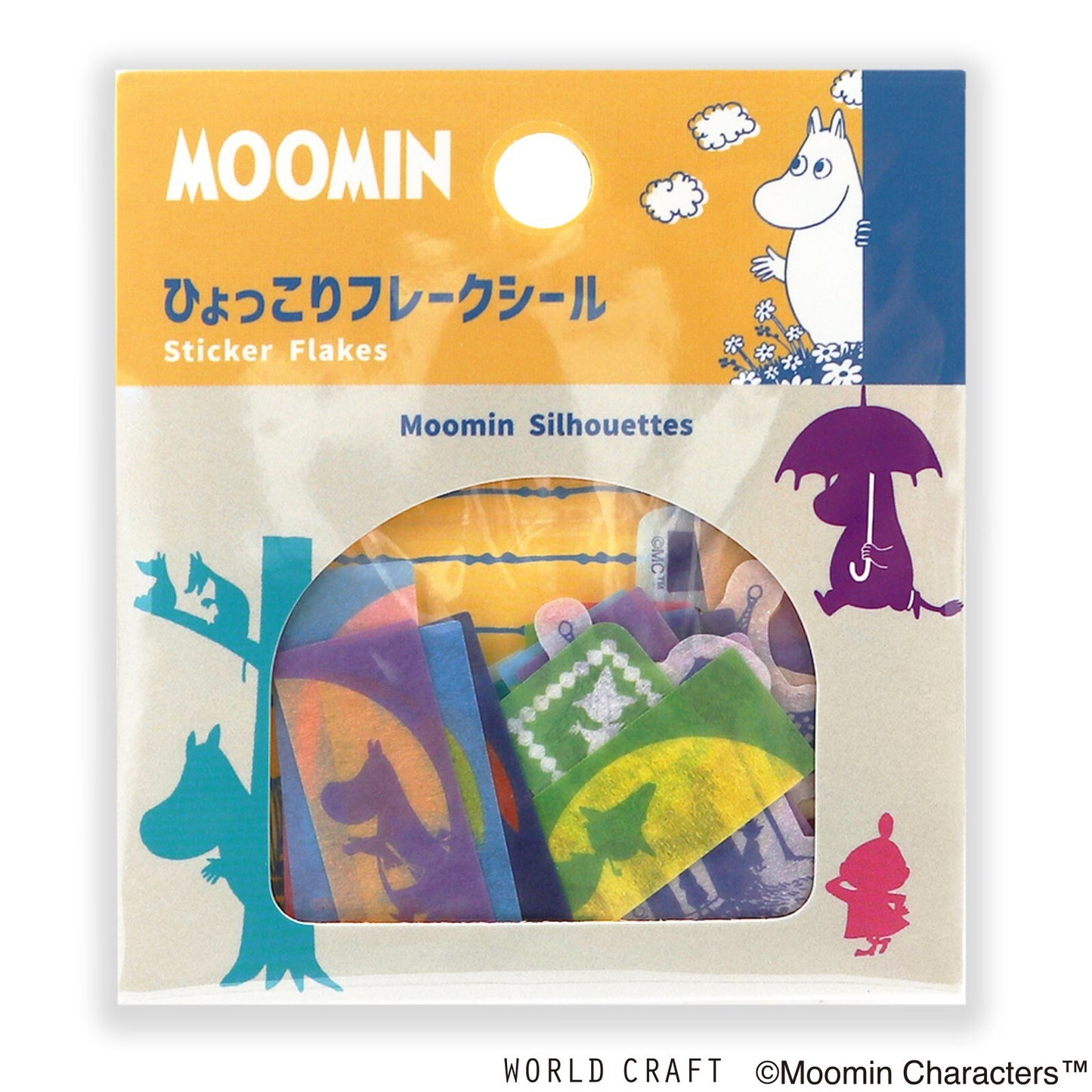 Moomin Silhouettes sticker flakes packaging with colorful silhouettes and Moomin characters on a white background.