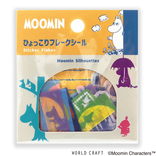 Moomin Silhouettes sticker flakes packaging with colorful silhouettes and Moomin characters on a white background.