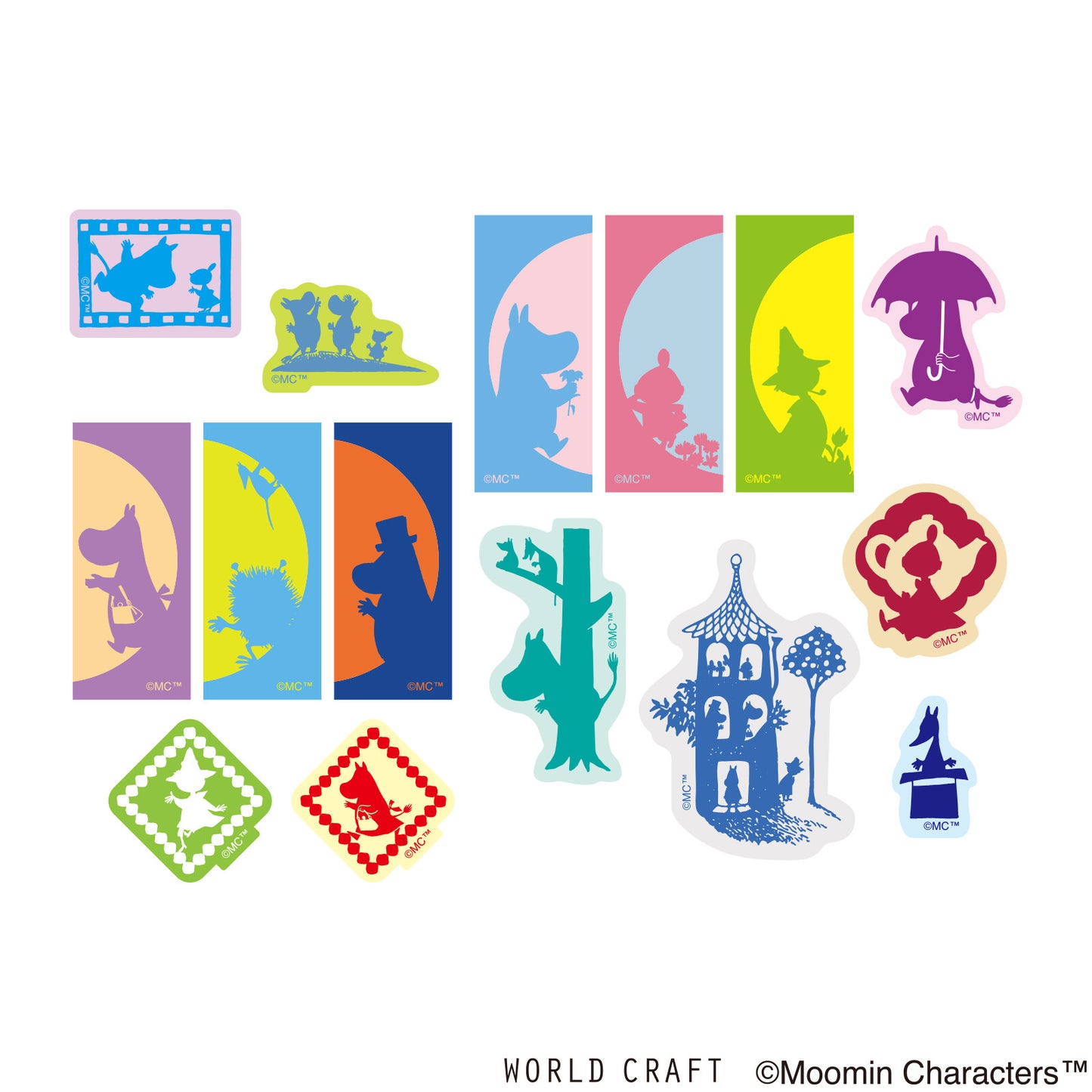 Collection of colorful silhouette illustrations on a white background, featuring Moomin characters.