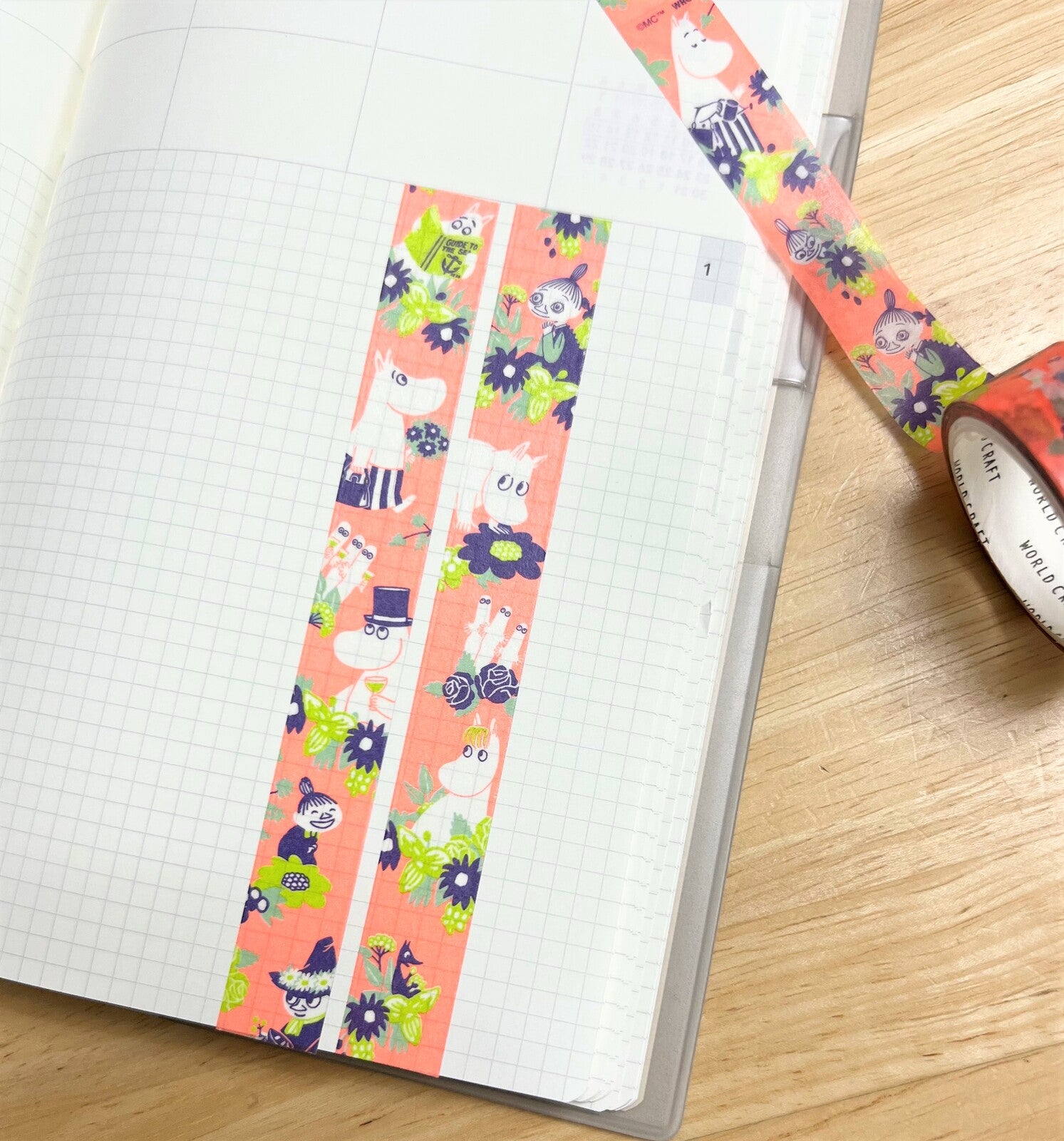 Colorful washi tape with animal designs on a notebook page.