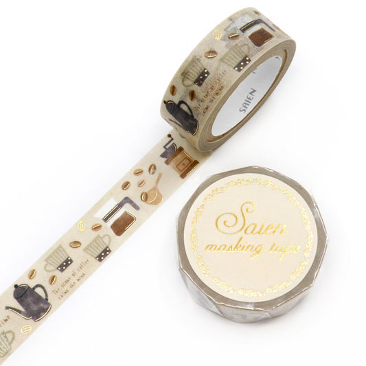Decorative tape with coffee-themed design and Saien masking tape branding on a white background