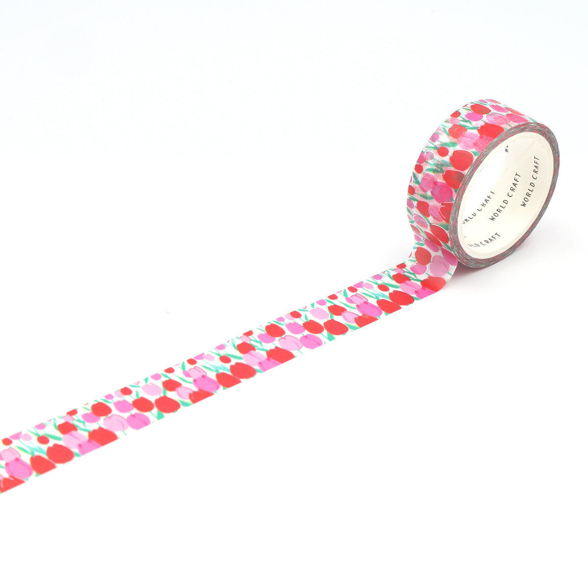 World Craft washi tape featuring a tulip design on a white background rolled out