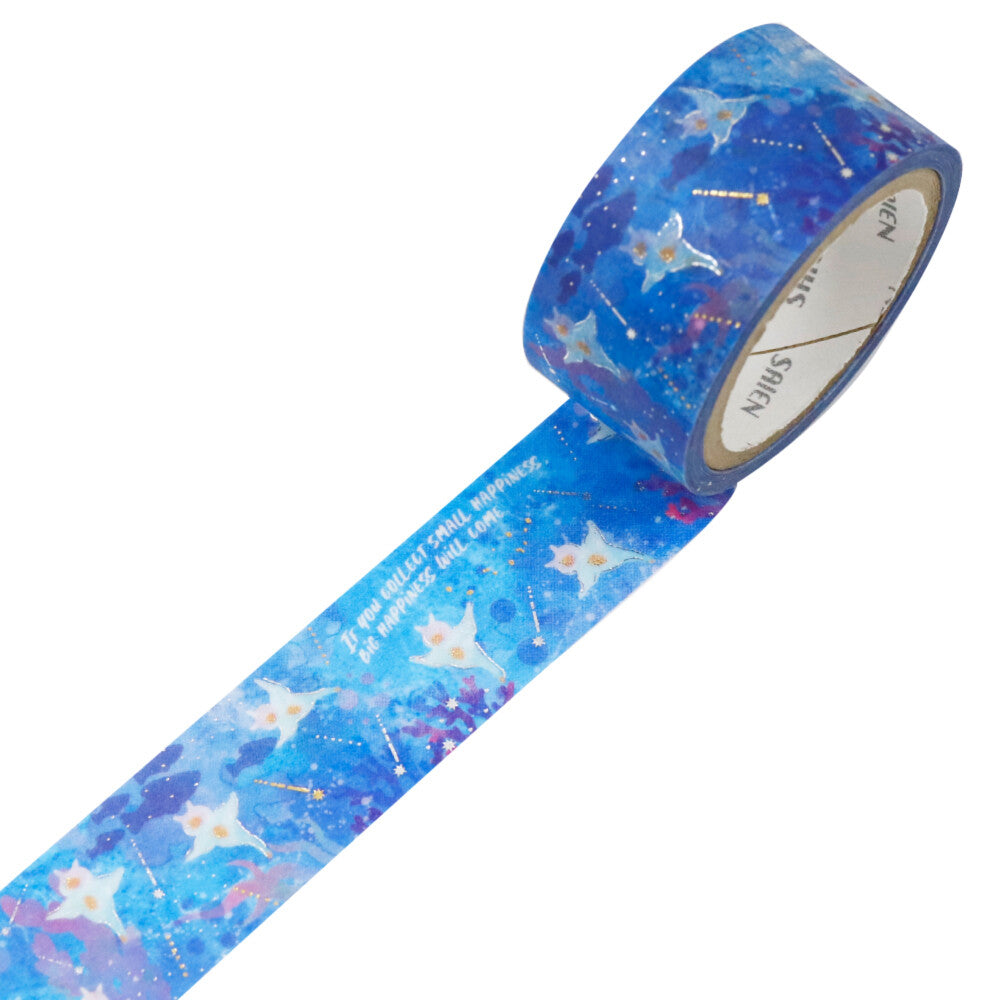 Roll of blue tape with star designs on a white background