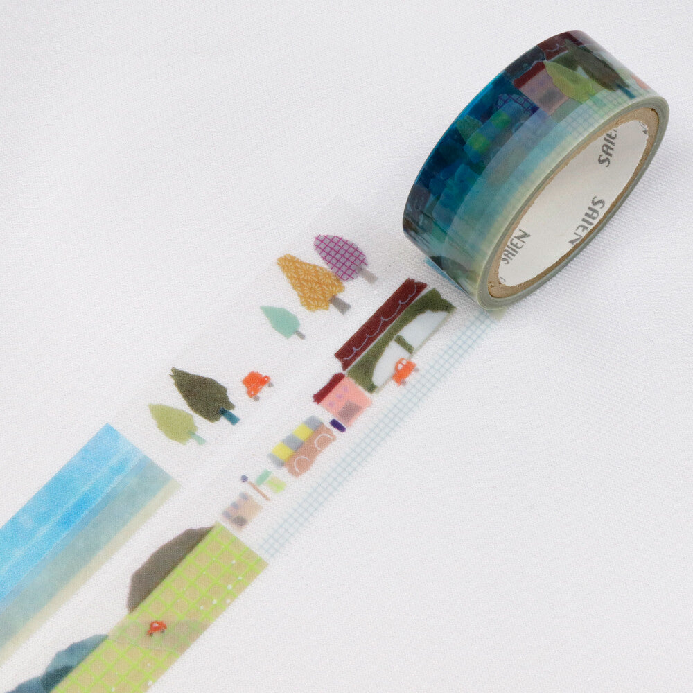 Decorative tape with colorful tree designs on a white background