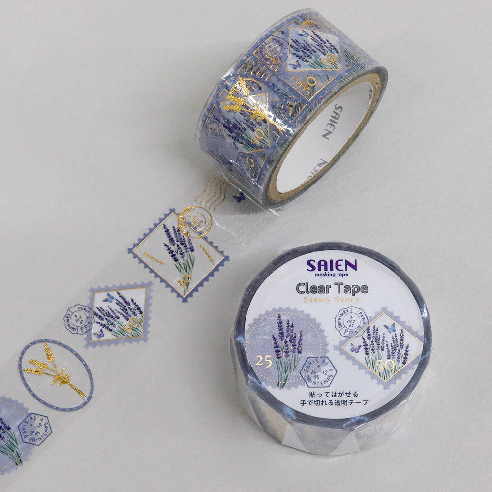 Roll of decorative tape with lavender design on a white background